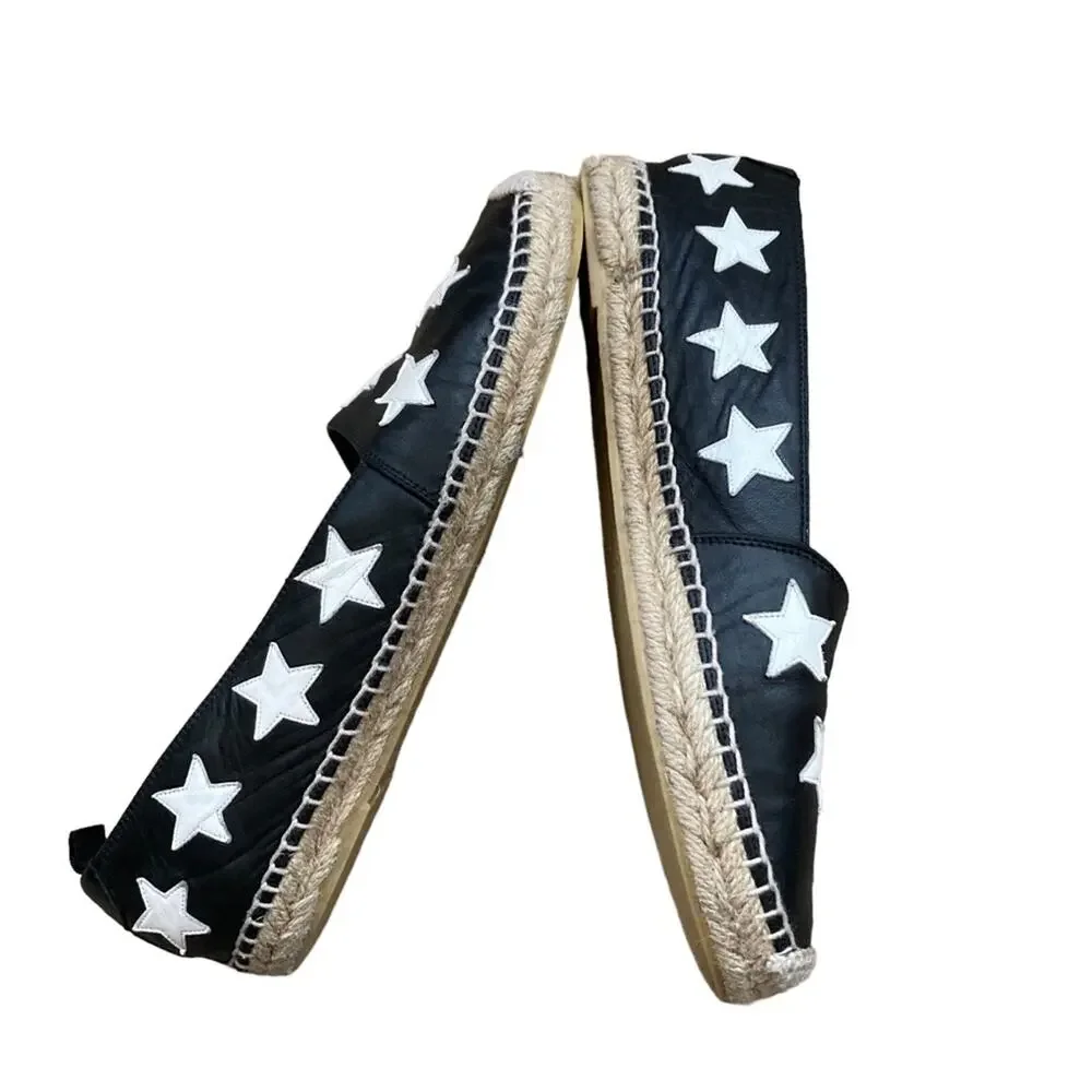 Yves Saint Laurent Black & White Leather Star Flat Espadrilles Size 39 or 9.